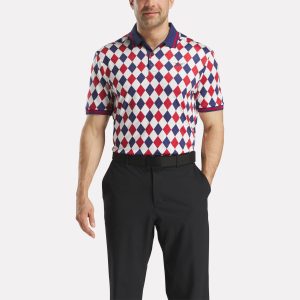 Men's Short Sleeve Vector Argyle Print Polo Shirt with Tipped Rib Trim